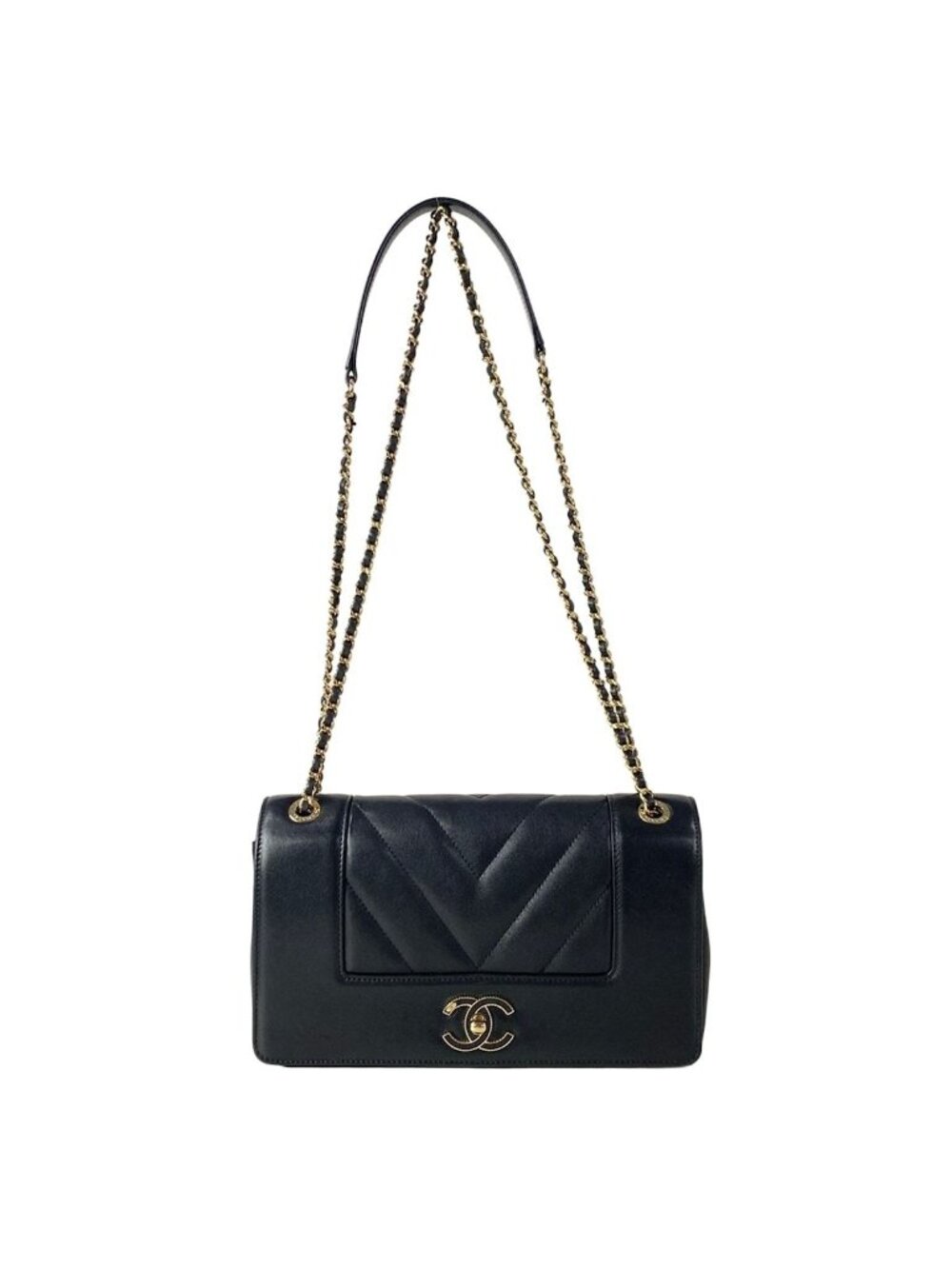 Chanel Shoulder Bag V-stitch Mademoiselle Black Chain Gold Double Flap Lambskin